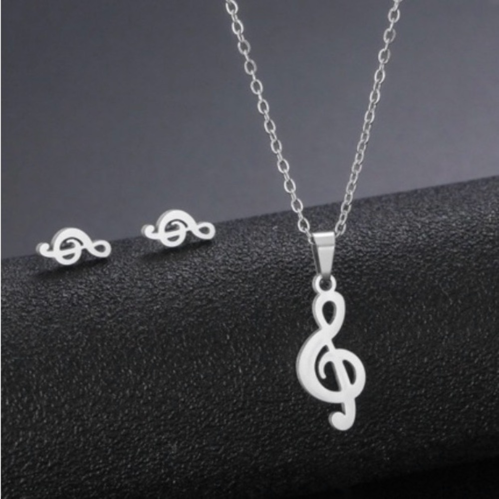 Elegant Stainless Steel Treble Clef Necklace and Earrings Set